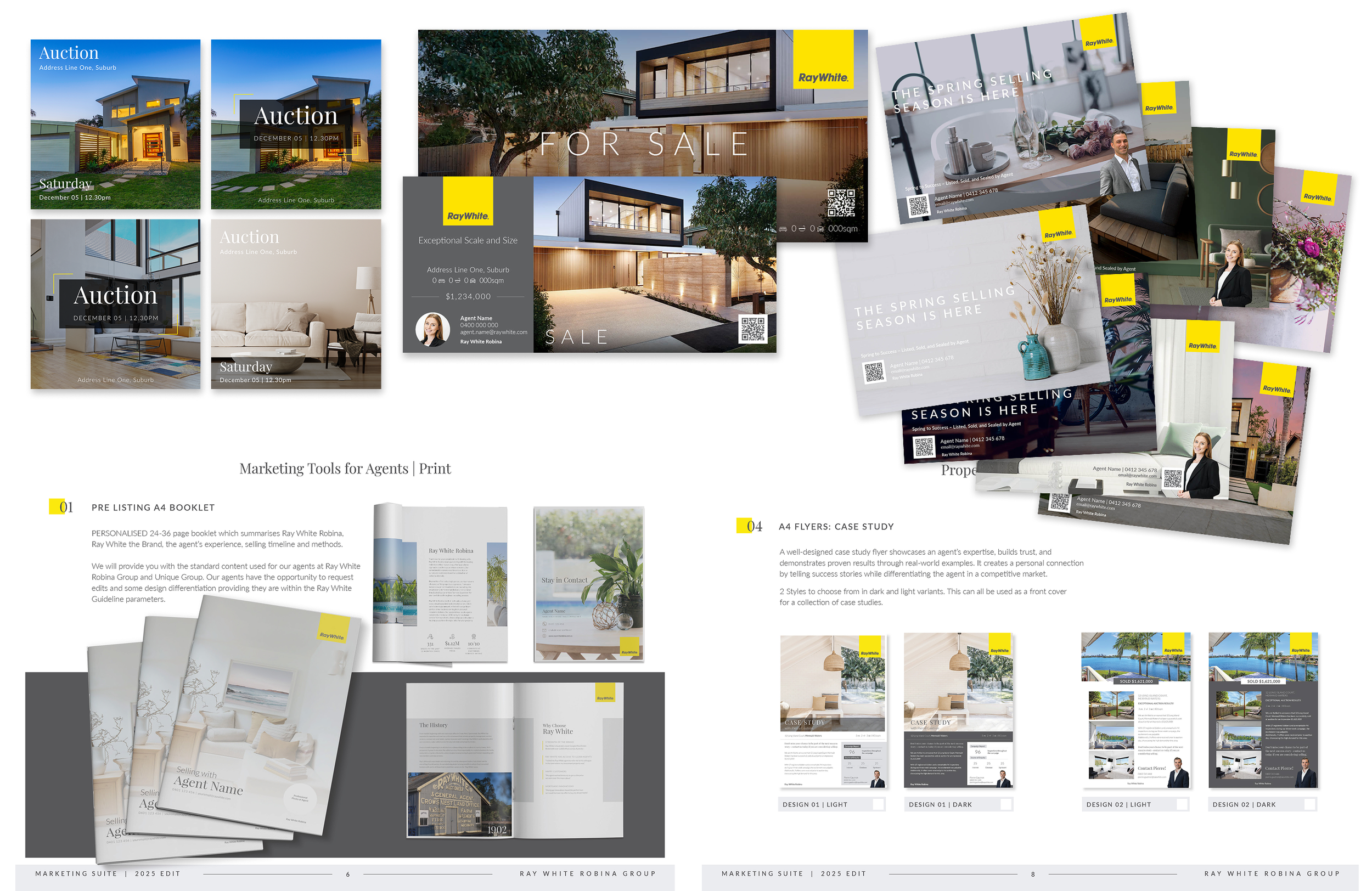 A collection of marketing brochures and flyers for real estate, showcasing houses for sale, auction announcements, and interior design case studies, with images of modern homes, interior rooms, and decorative elements.