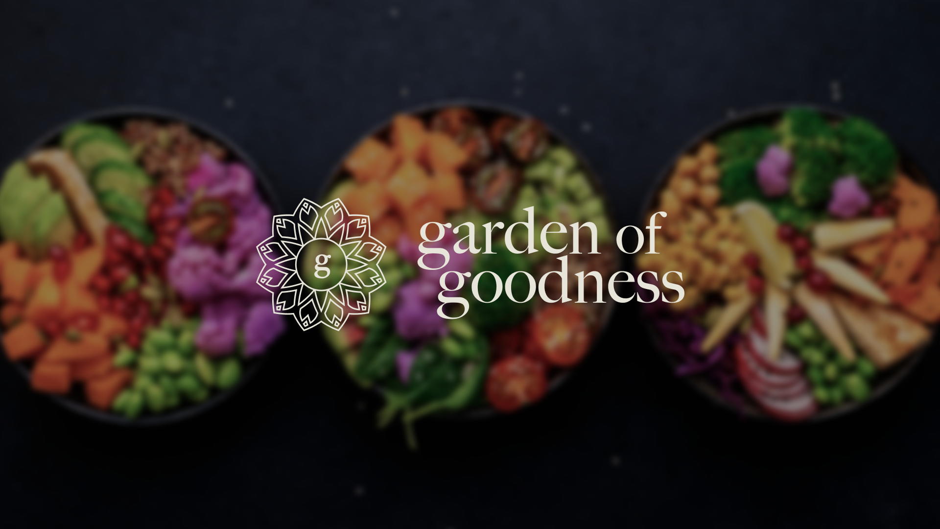 Colorful trays of assorted sushi with the logo and text 'garden of goodness' overlayed
