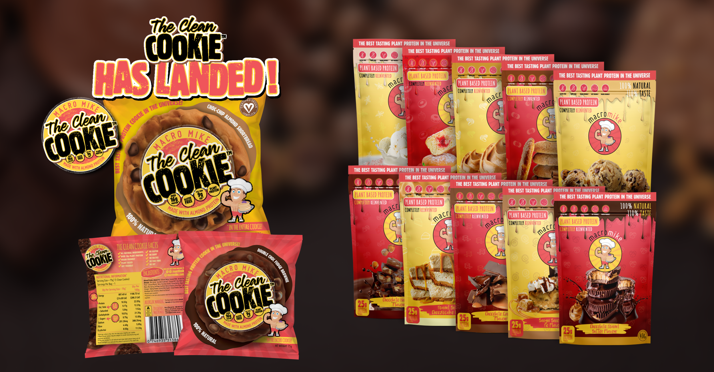 An assortment of vegan cookie and snack packaging featuring the brand name "The Clean Cookie" and various flavors and varieties, including plant-based protein options, chocolates, and baked goods, with colorful and appealing designs.