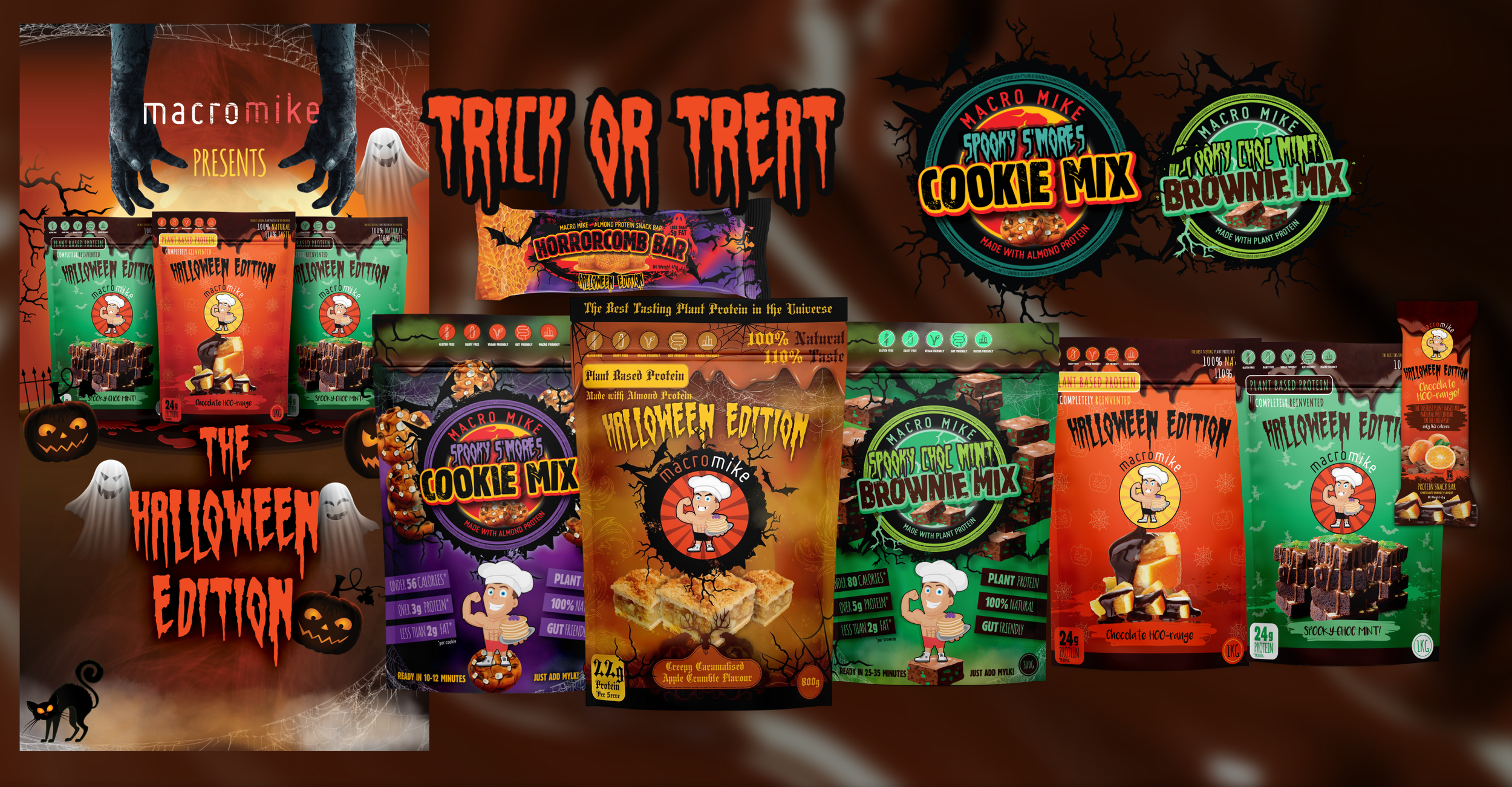 Assorted Halloween-themed protein snack packages from Macro Mike, featuring flavors like spooky s'mores cookie mix, pumpkin spice brownie mix, chocolate orange protein bar, and caramel apple crumble protein pudding, with Halloween decorations and characters.