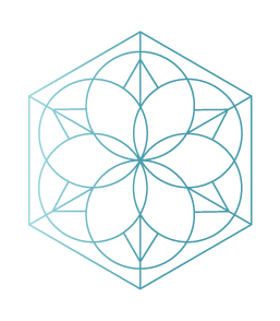 A geometric line drawing of a hexagon with a flower-like pattern inside, consisting of overlapping circles and pointed petal shapes.