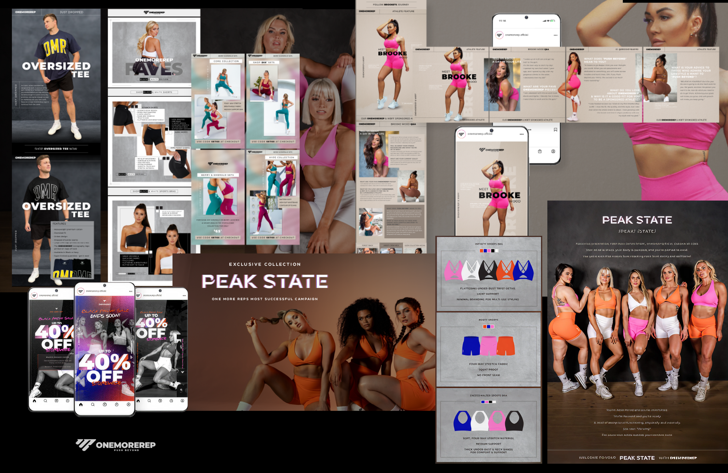 A collage of promotional images and advertisements for athletic and fitness apparel, featuring models in workout clothes and various digital design mockups for marketing campaigns.