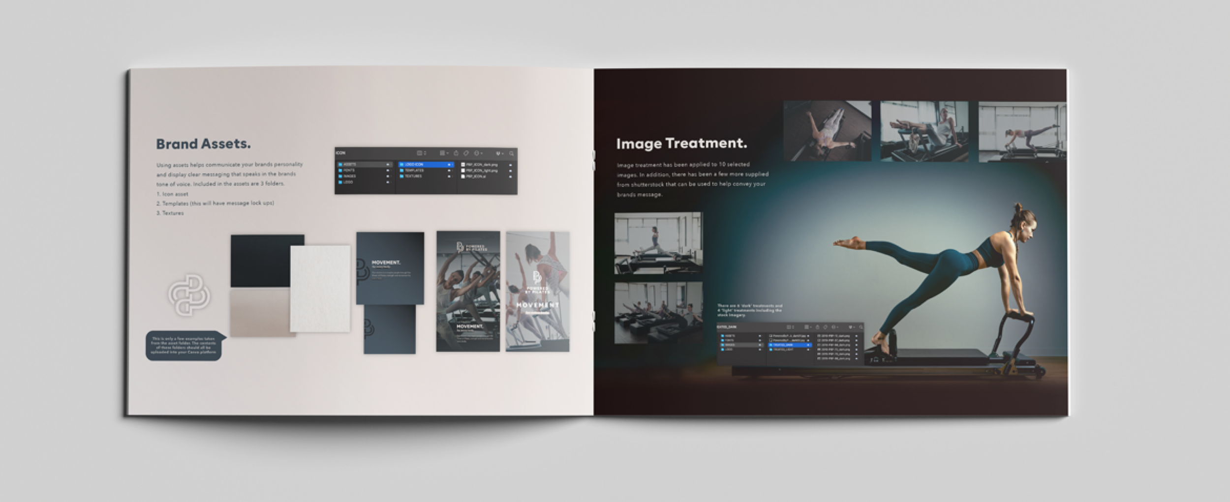 Open magazine showing brand assets on the left page and fitness photo with text about image treatment on the right page.