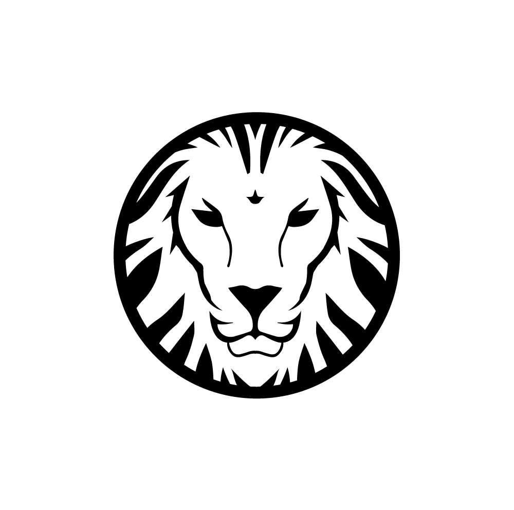 Black and white logo of a lion's face inside a circle.