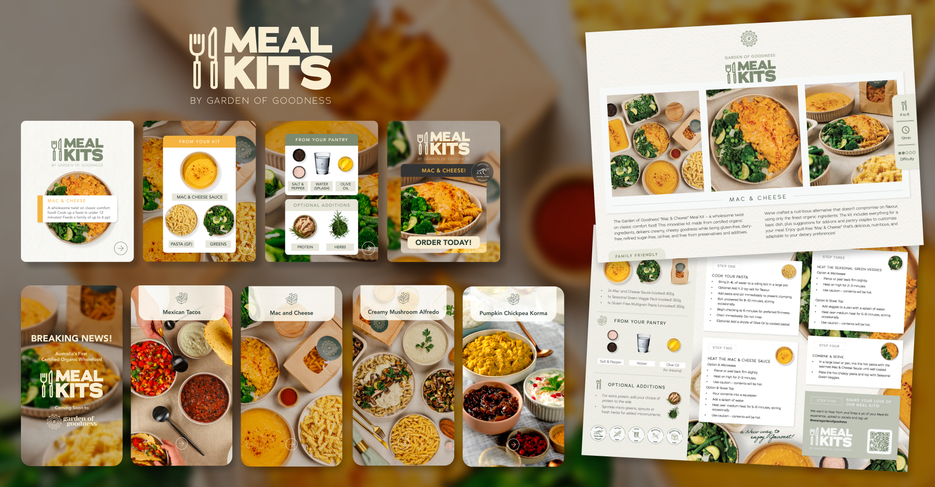 A promotional display for Garden of Goodness meal kits featuring various meal options, ingredients, and recipe instructions, with a focus on mac and cheese.