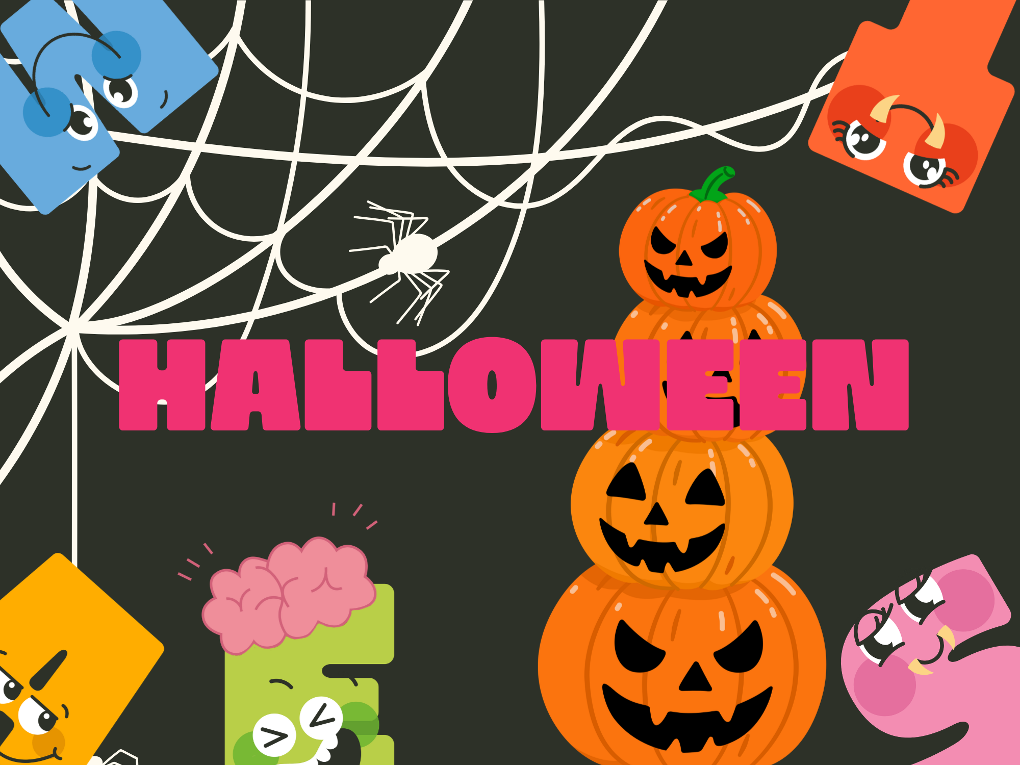A Halloween-themed illustration with stacked jack-o'-lanterns, colorful cartoon characters, a spider on a web, and the word 'HALLOWEEN' in pink uppercase letters.