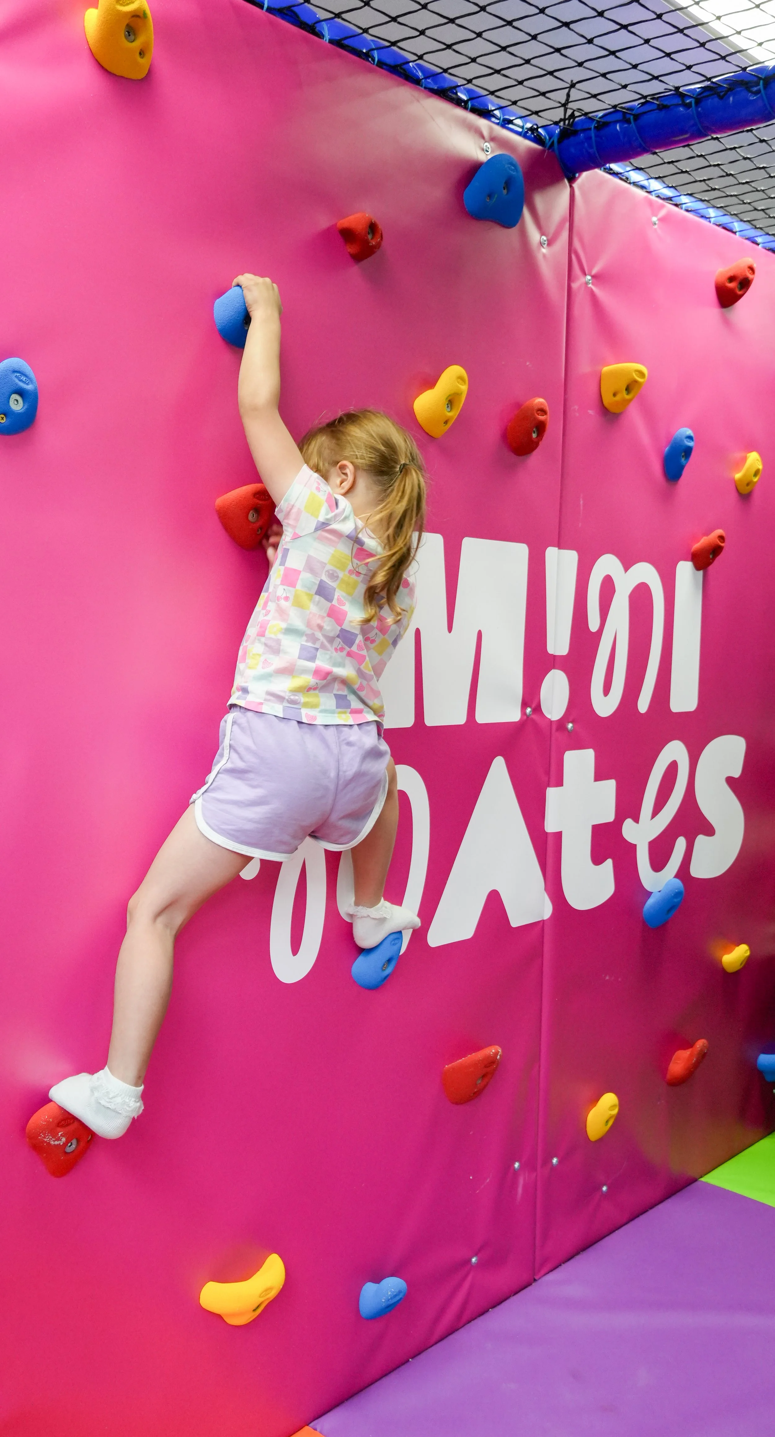 Indoor rock climbing wall with various colorful holds and safety equipment.