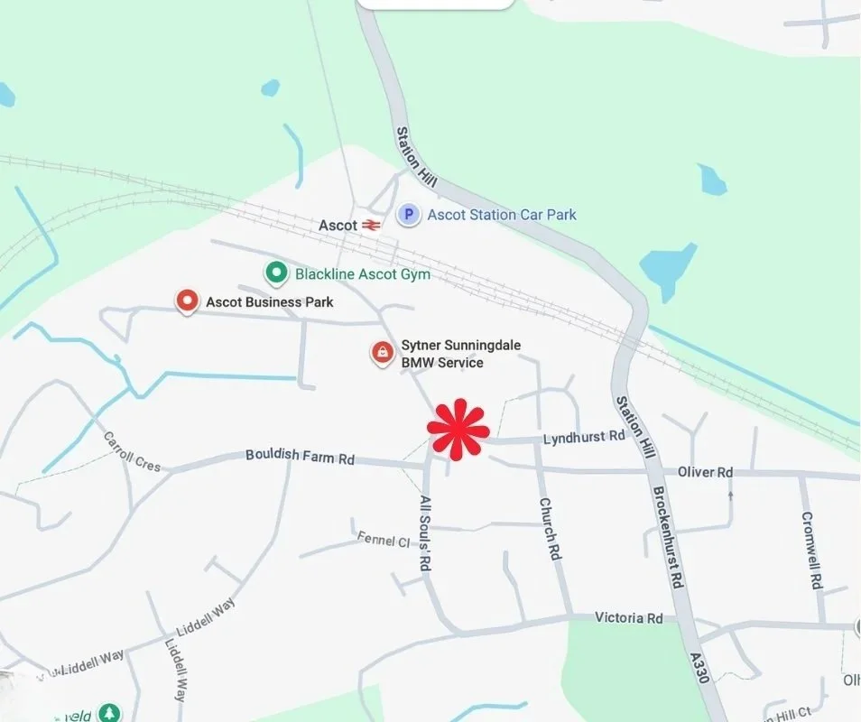 Map showing Ascot area with landmarks including Ascot Station, Ascot Business Park, Blackline Ascot Gym, and Sytner Sunningdale BMW Service.
