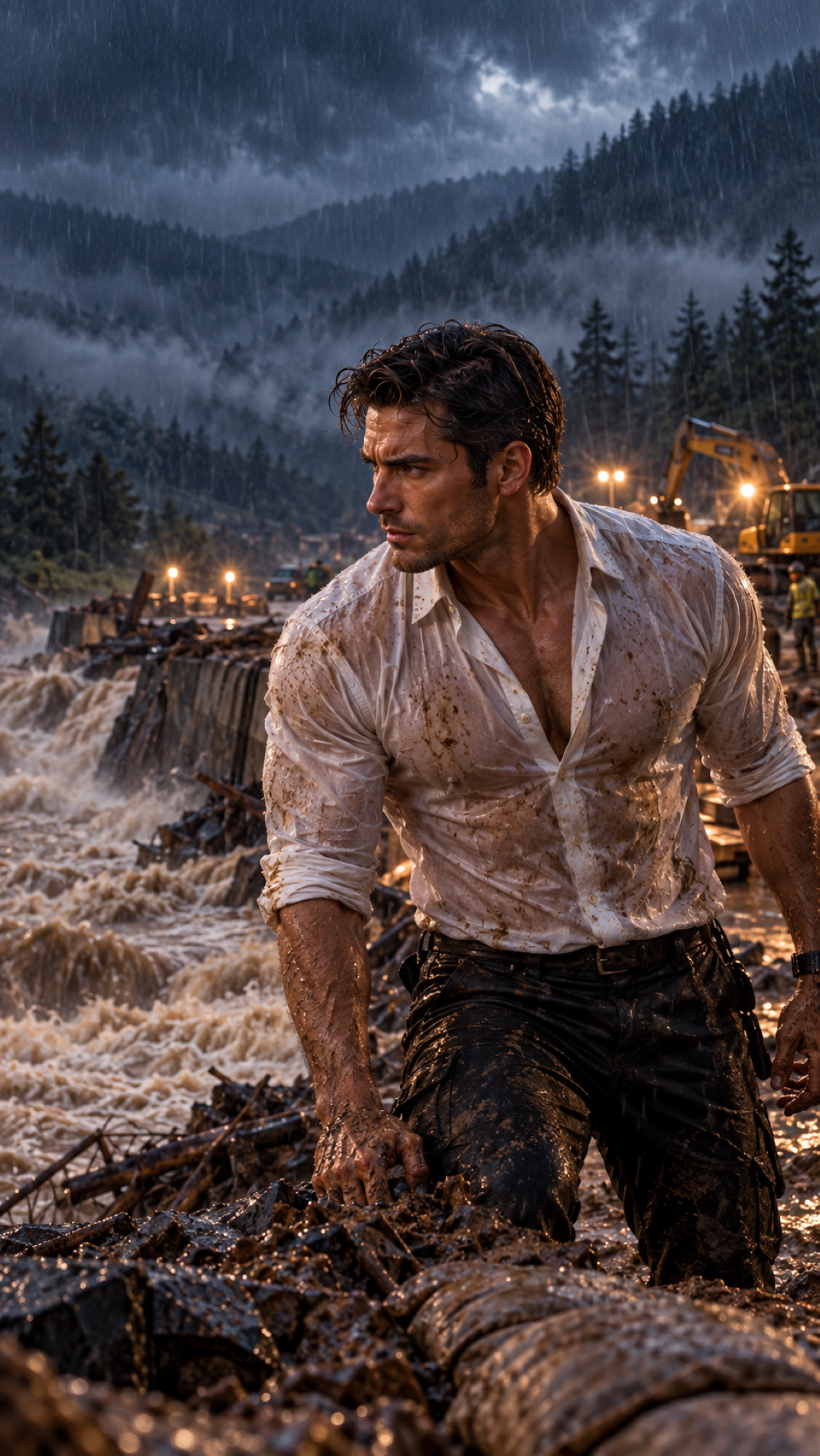 Pete Vance in a soaked white shirt standing in heavy rain at a flooded construction site, watching surging water near a damaged berm during the valley crisis. In the background are large equipment, site workers, and a forested mountain landscape.