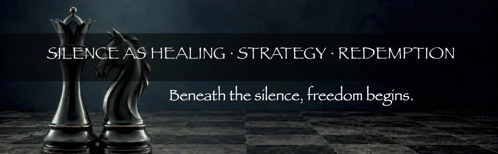 Dark midnight-blue chessboard banner featuring a queen and knight under a focused light, representing healing, strategy, and redemption in Beneath the Silence.