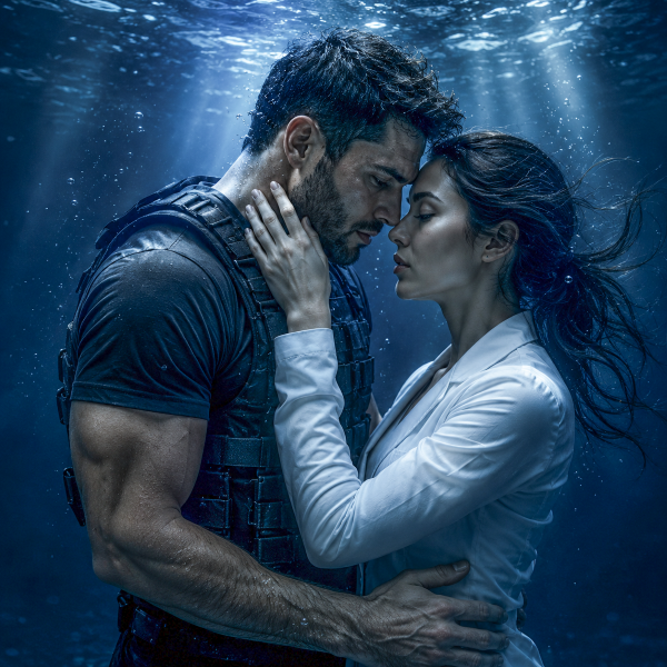 Ken and Rachel underwater, touching foreheads and gazing at each other, with light filtering down from the surface.