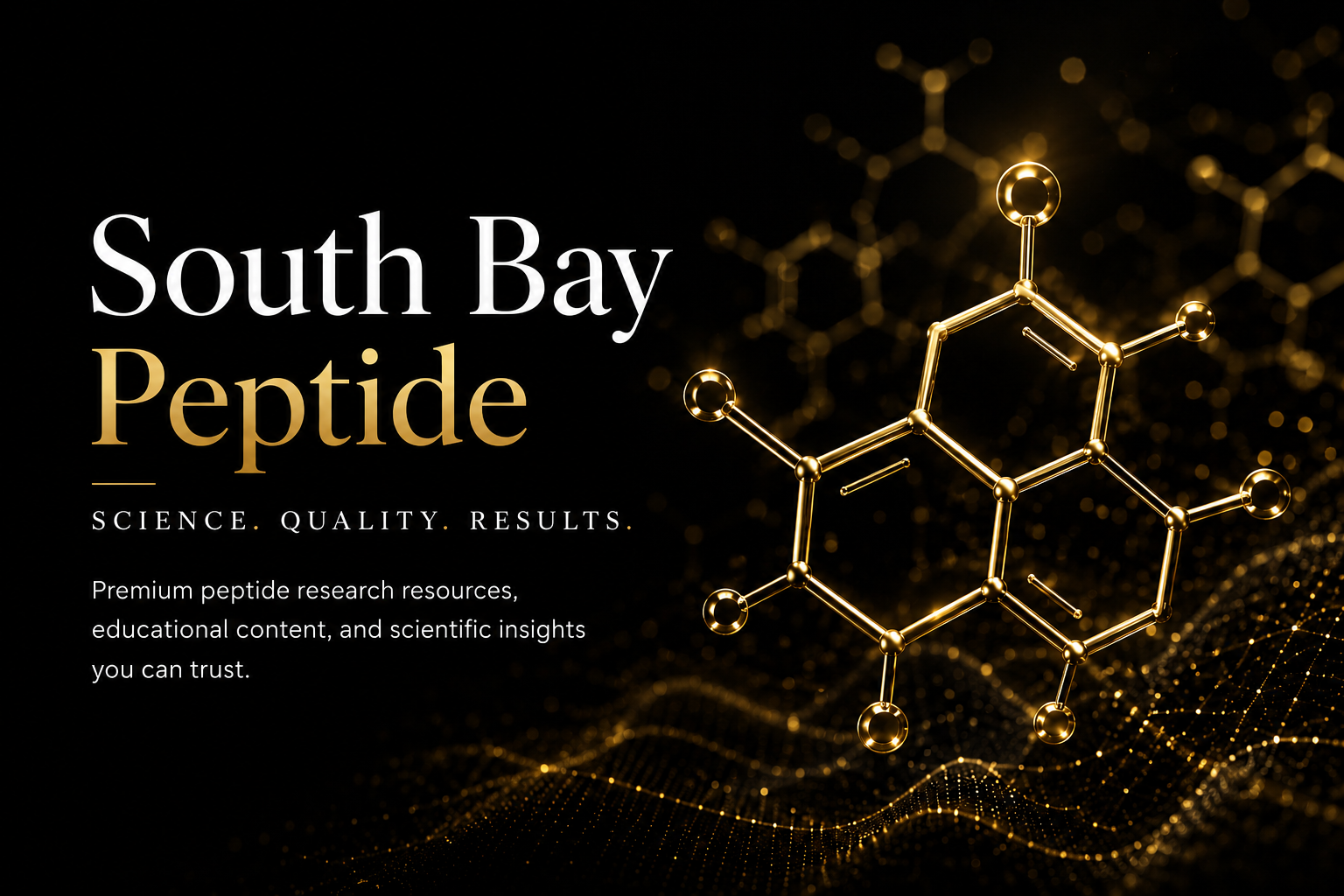 South Bay Peptide logo with a gold molecular structure and a black background, emphasizing science and research.