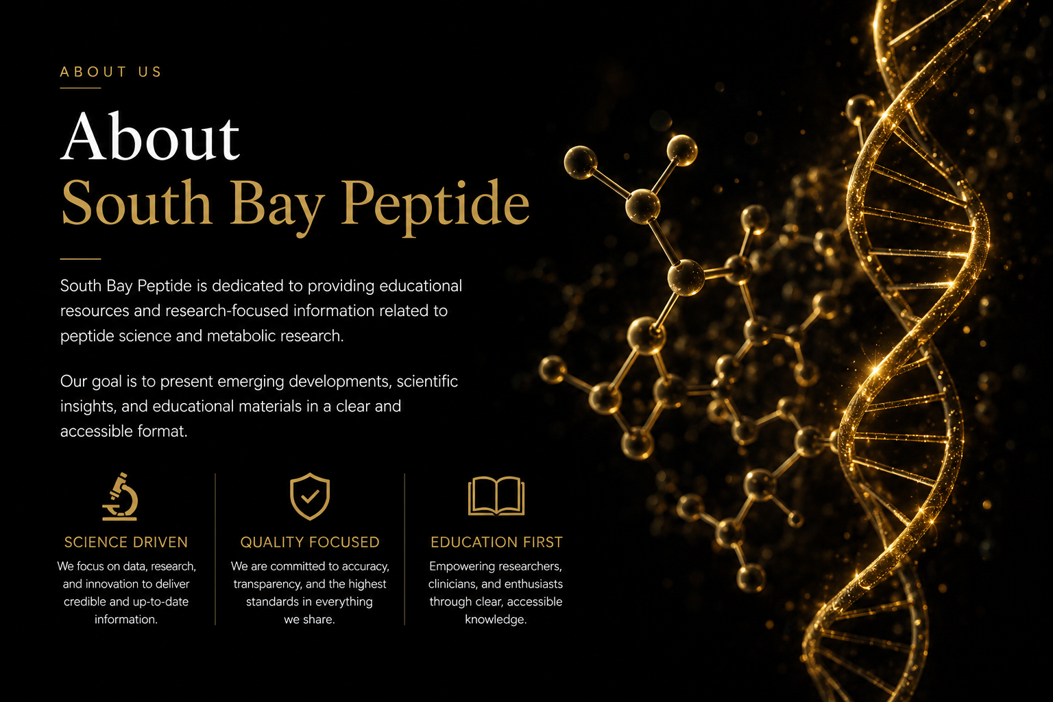 About South Bay Peptide page with black and gold branding, DNA graphics, and company information.