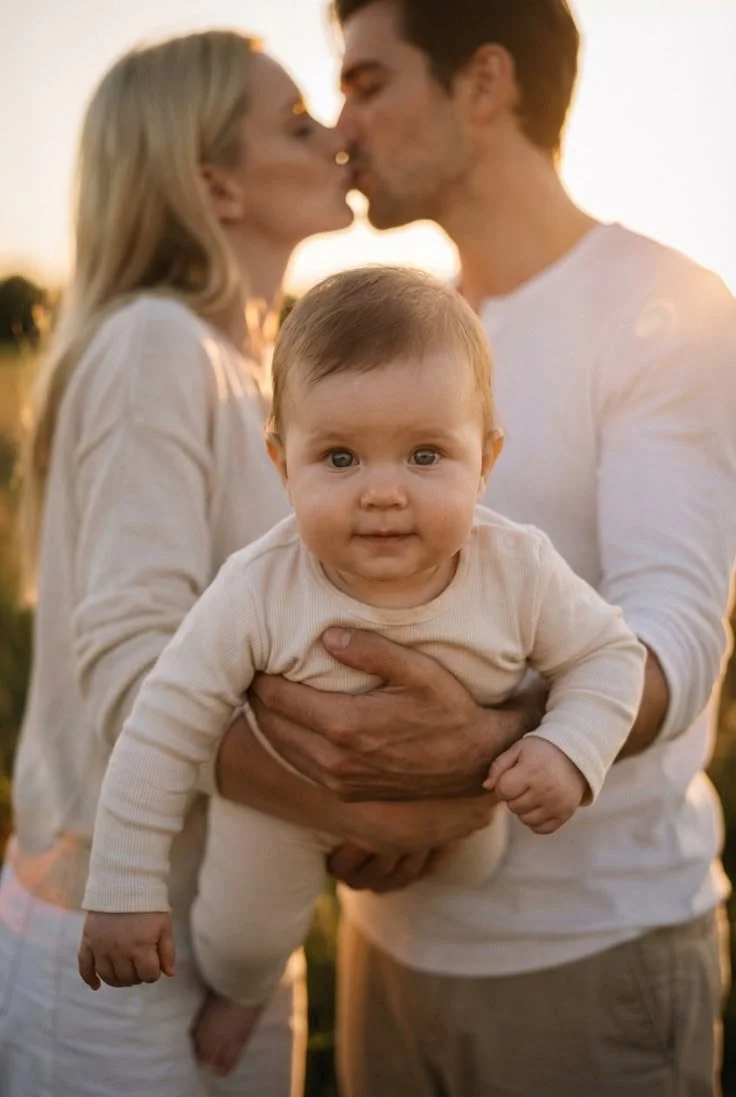 A baby being held by a man, with a woman kissing in the background during sunset.