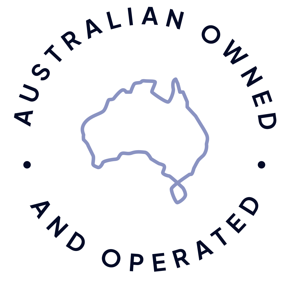 Outline of Australia within a circle, with the text 'Australia Owned and Operated' surrounding it.