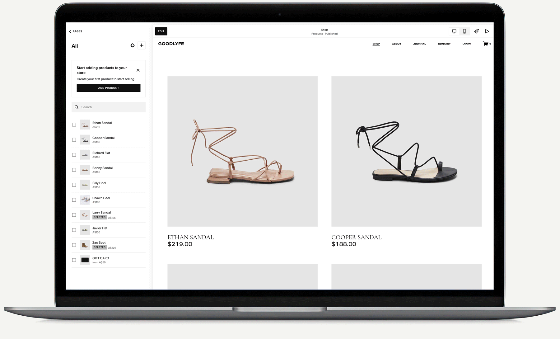 Open laptop screen displaying an online shoe store webpage with two women's sandal products, the Ethan Sandal priced at $219.00 and the Cooper Sandal priced at $188.00.