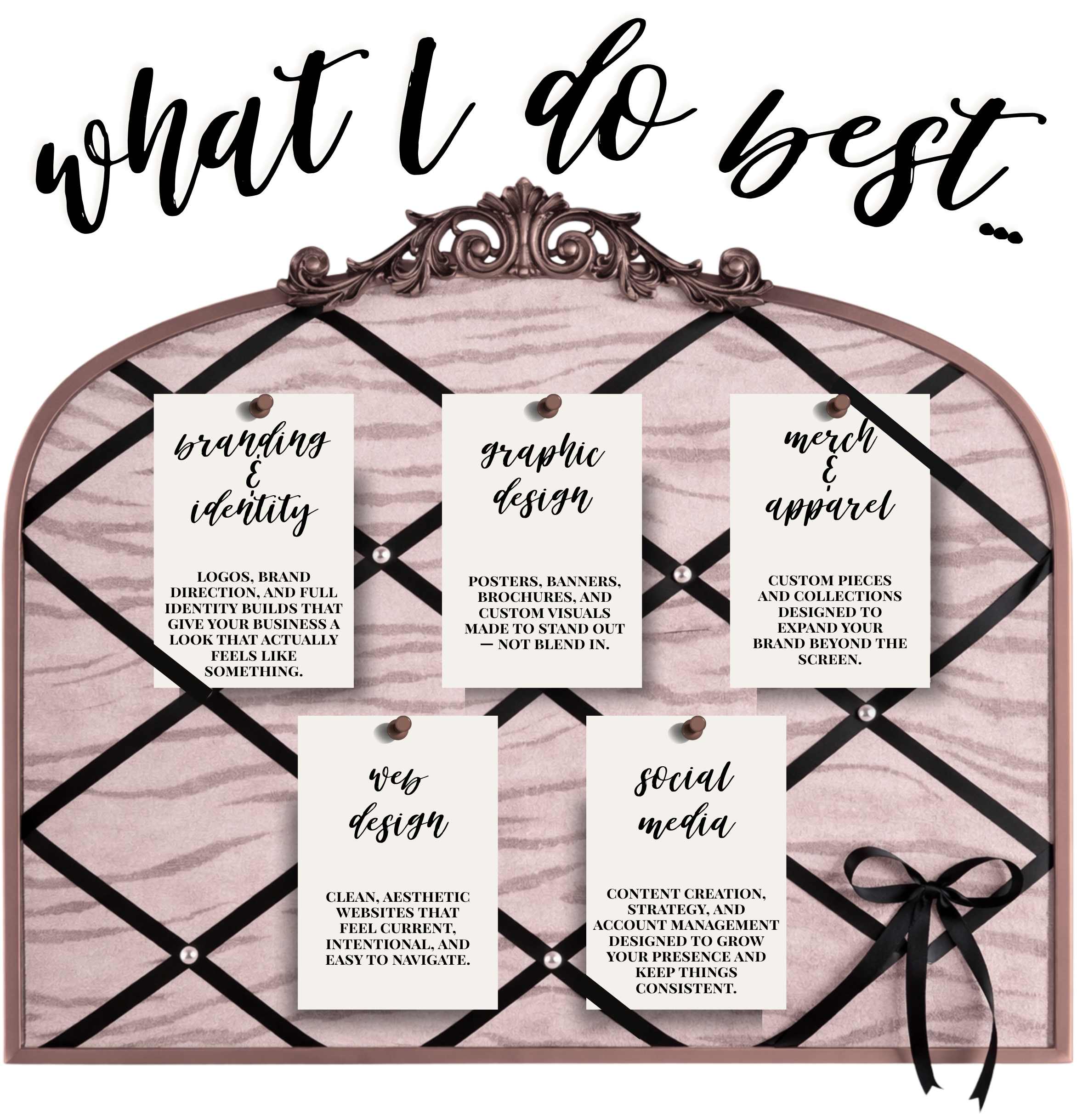 A pink and black diamond pattern wall clock with ornate decorative top and several labels about branding, graphic design, merchandise, web design, and social media.