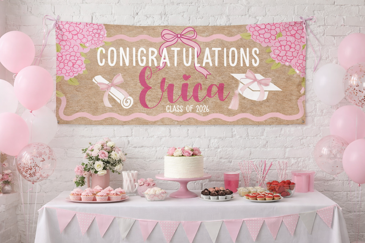 Pink and white decorated birthday celebration table with cake, cupcakes, strawberries, balloons, and a "Congratulations Erica" banner with pink flowers and graduation cap design.