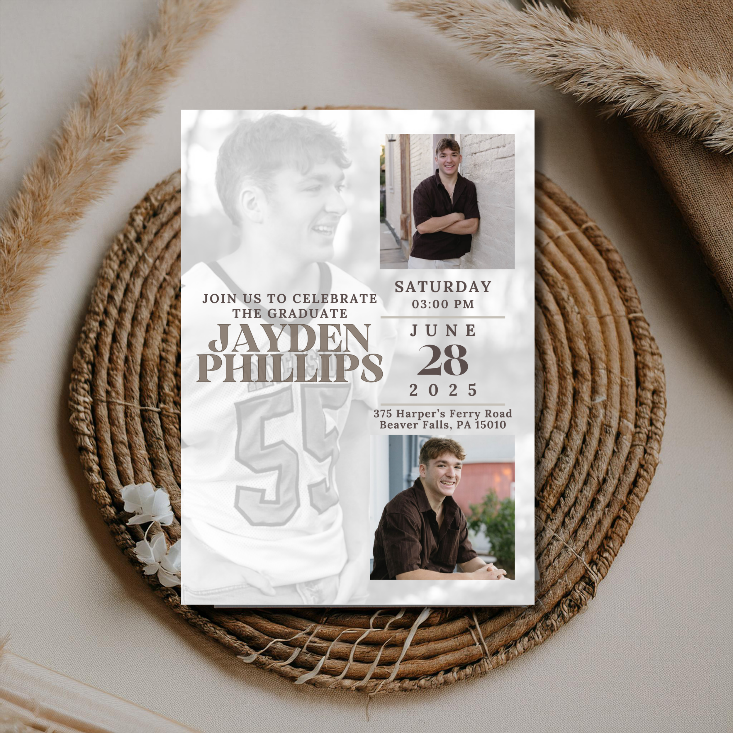 Graduation announcement poster with photos of a young man, event details, and a background with dried grasses and a woven basket.