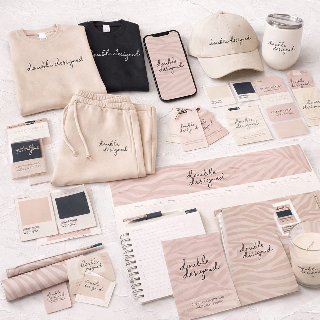 Various branded merchandise including sweatshirts, a t-shirt, a cap, a mug, notebook, stationery, and swatches, all labeled "double designed" from a creative studio, arranged on a white surface.