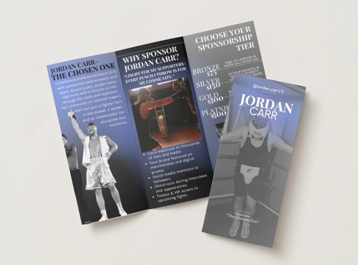A tri-fold brochure and a tall flyer for a boxer named Jordan Carr. The brochure includes information about Jordan Carr, sponsorship tiers, and promotional tips. The flyer has a photo of Jordan Carr wearing boxing gear, with his Instagram handle and 