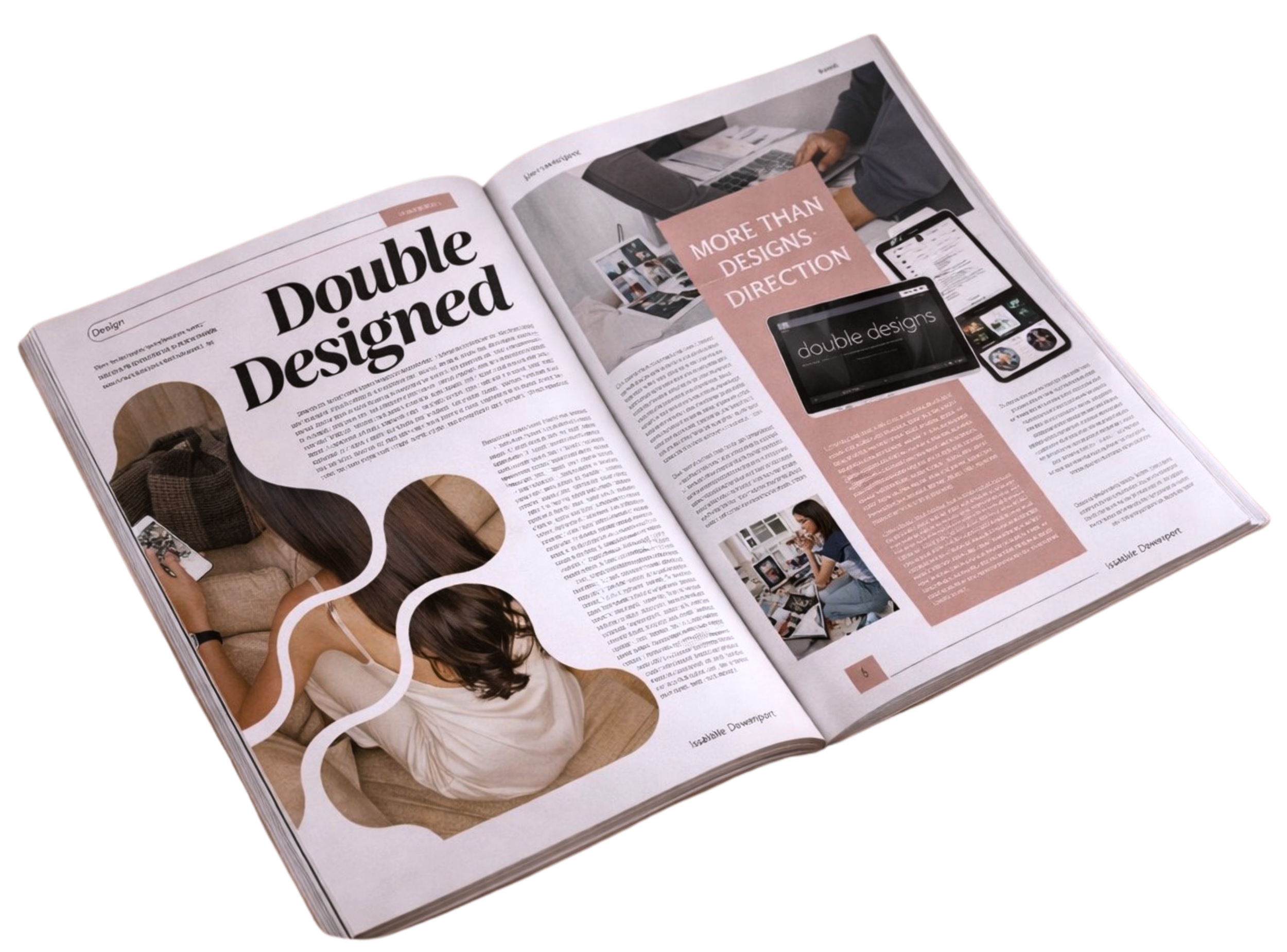 Open magazine featuring articles on double design concepts, with images of digital devices and a woman using a smartphone.