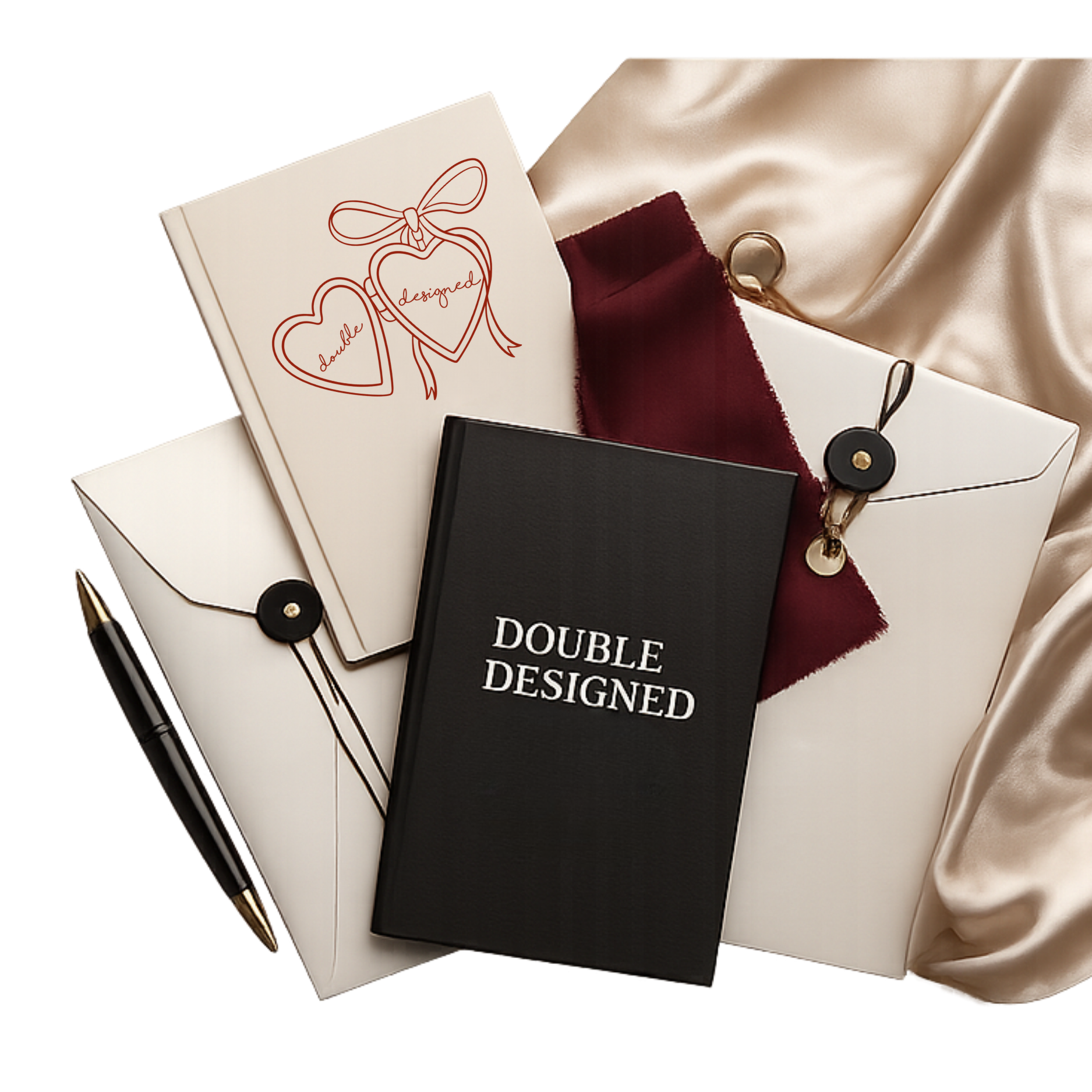 Several books, a black notebook, a black pen with gold accents, and a wrapped gift box with a cream satin cloth inside. The books include one titled "Double Designer" and another with a cover featuring a heart design and the words "double" and "designed".