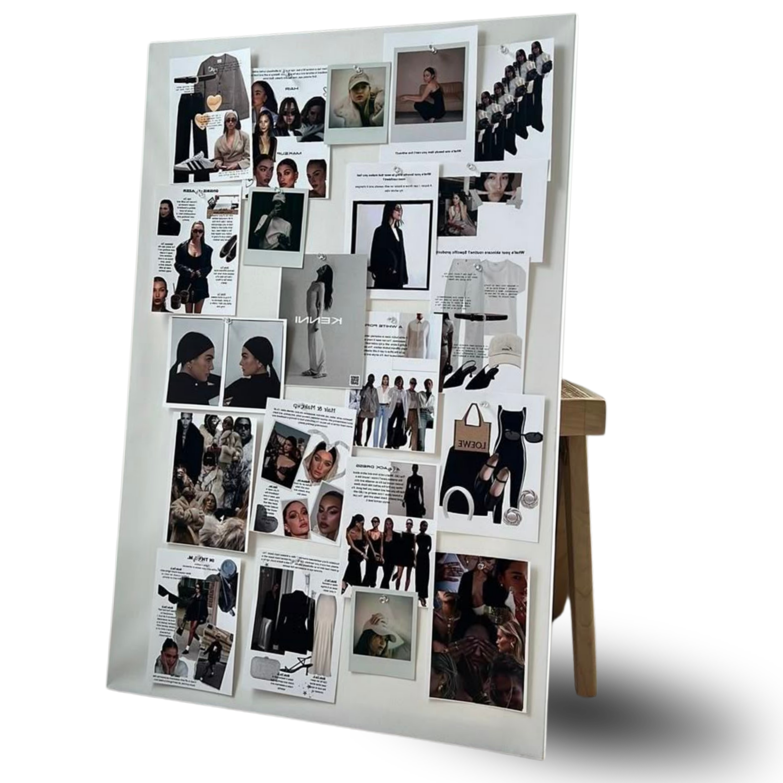 Collage of fashion magazine pages featuring models wearing various outfits and accessories, pinned to a white board.