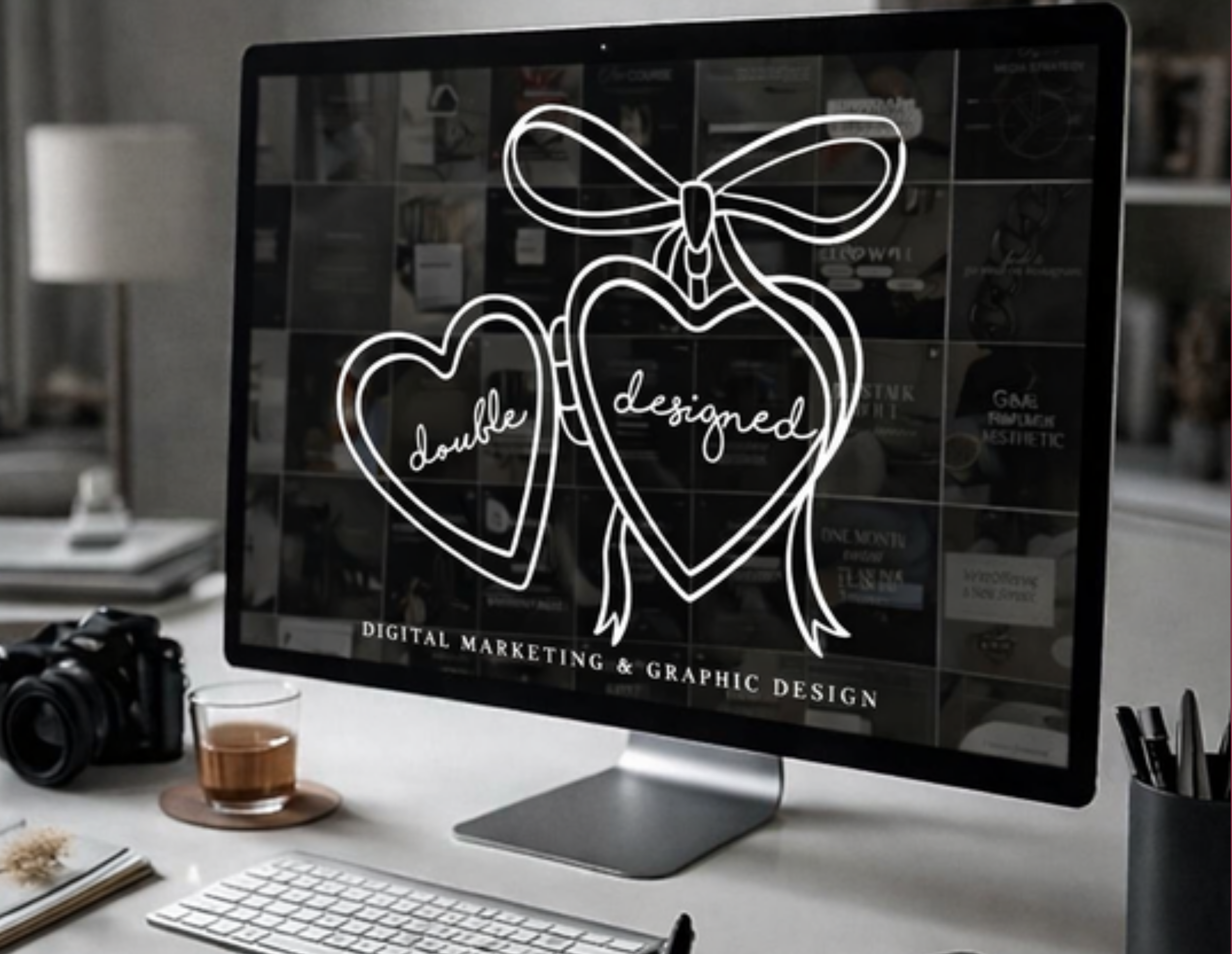 Computer monitor displaying a logo with a bow and heart, and text for digital marketing and graphic design.