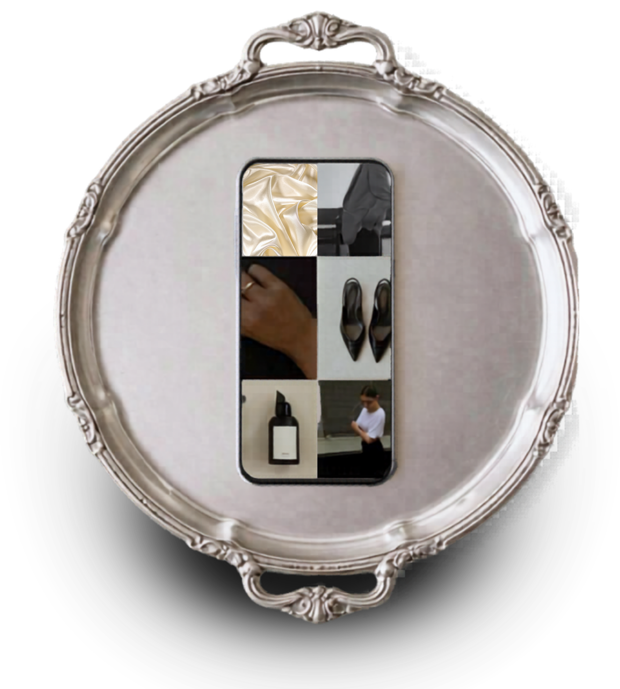Silver tray with ornate edges featuring a mirror and a reflection of a person wearing glasses and a white shirt, standing in a room with white walls and black furniture.