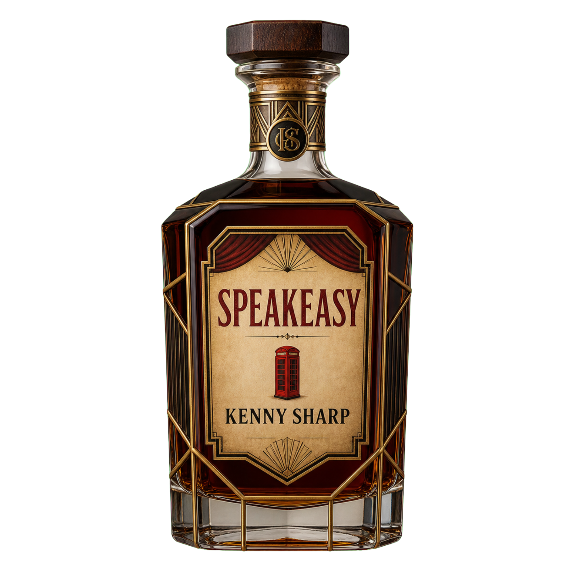A glass vodka bottle with a decorative label reading 'Speakeasy' and 'Kenny Sharp', topped with a wooden cap.