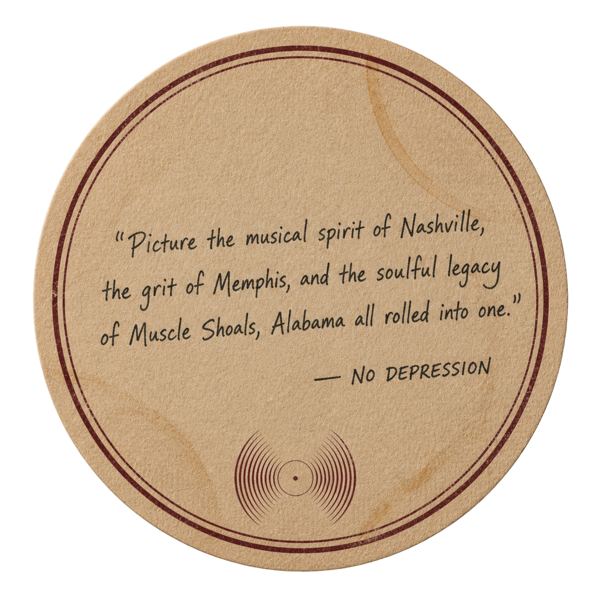 Close-up of a beige paper record with text about Nashville and Memphis, featuring a vinyl record design and circular border.