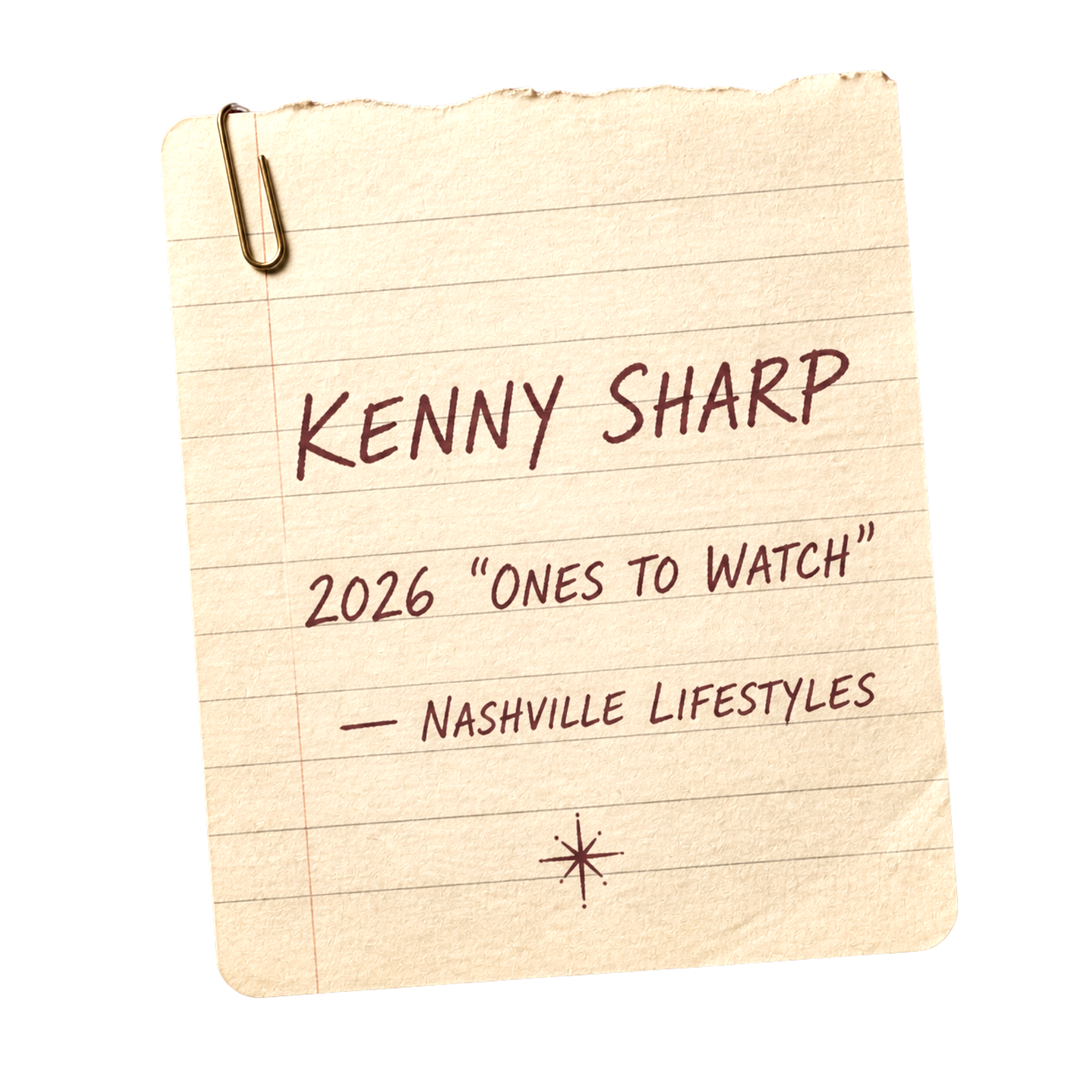 Close-up of a handwritten note on lined paper with red margins, held by a gold paperclip. The note mentions 'Kenny Sharp' and references a Nashville lifestyle.