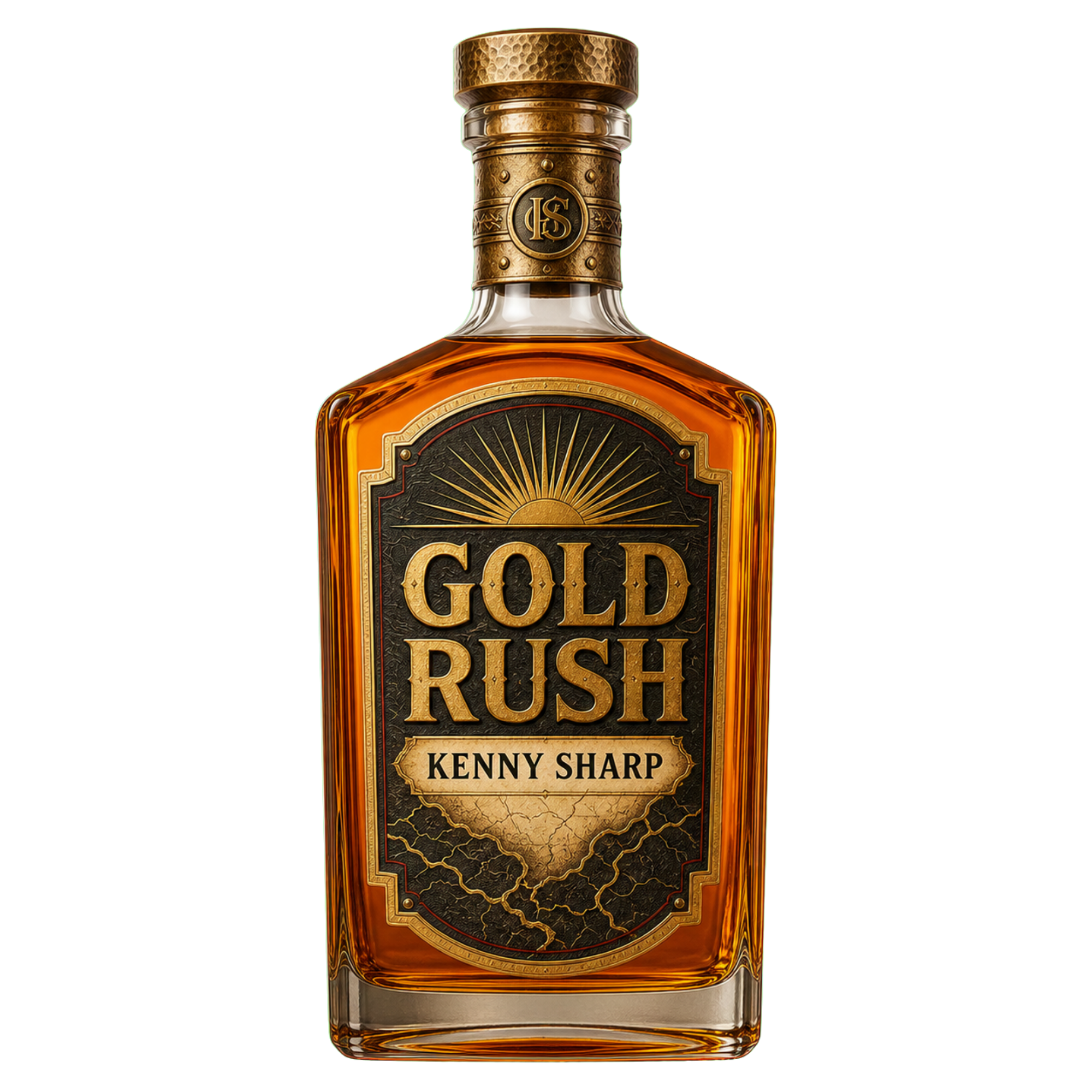 A bottle of gold liquor with a black label featuring gold and red designs, and a gold cap.