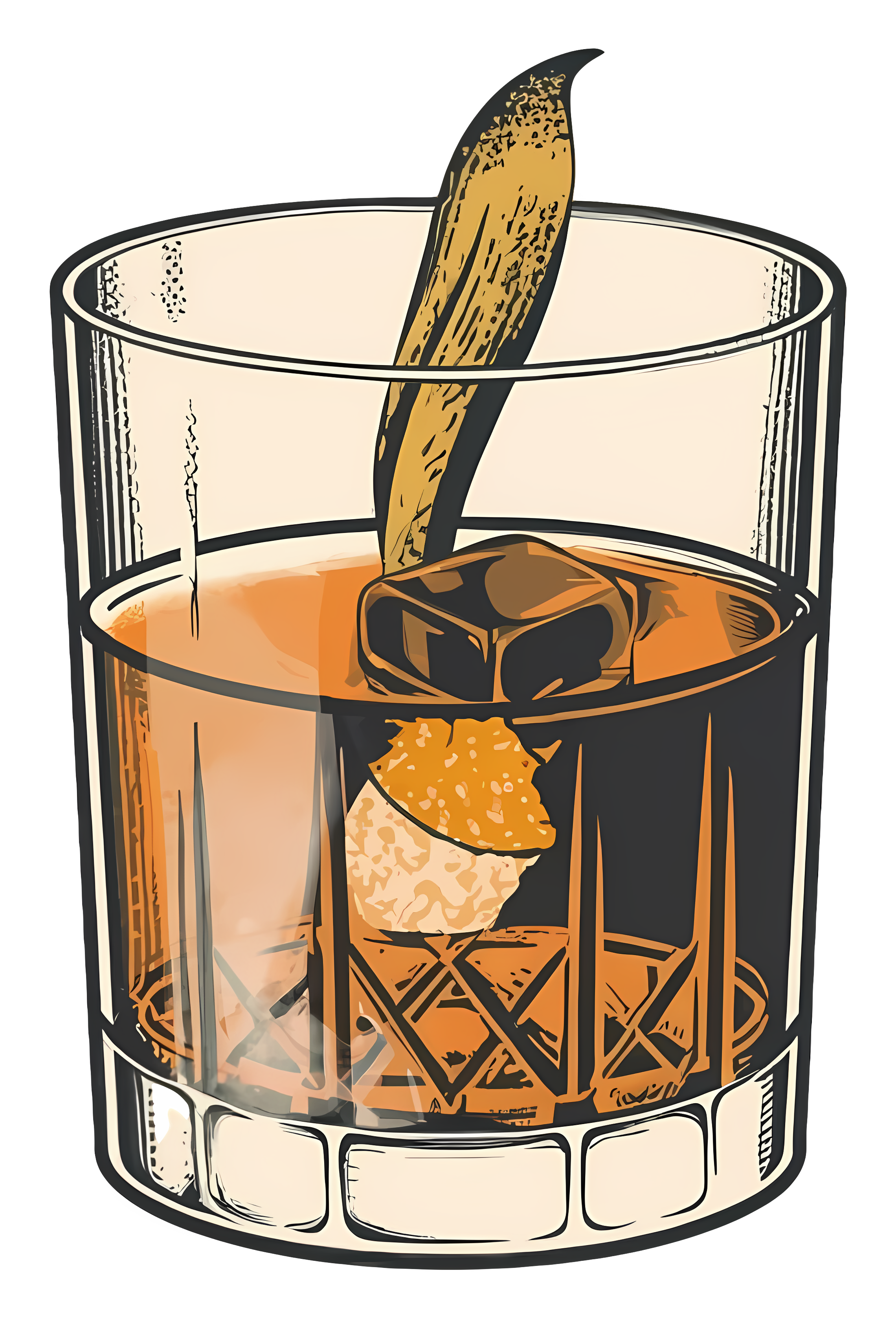 A glass of whiskey with ice cubes and a large ice cube in a glass, viewed from above.