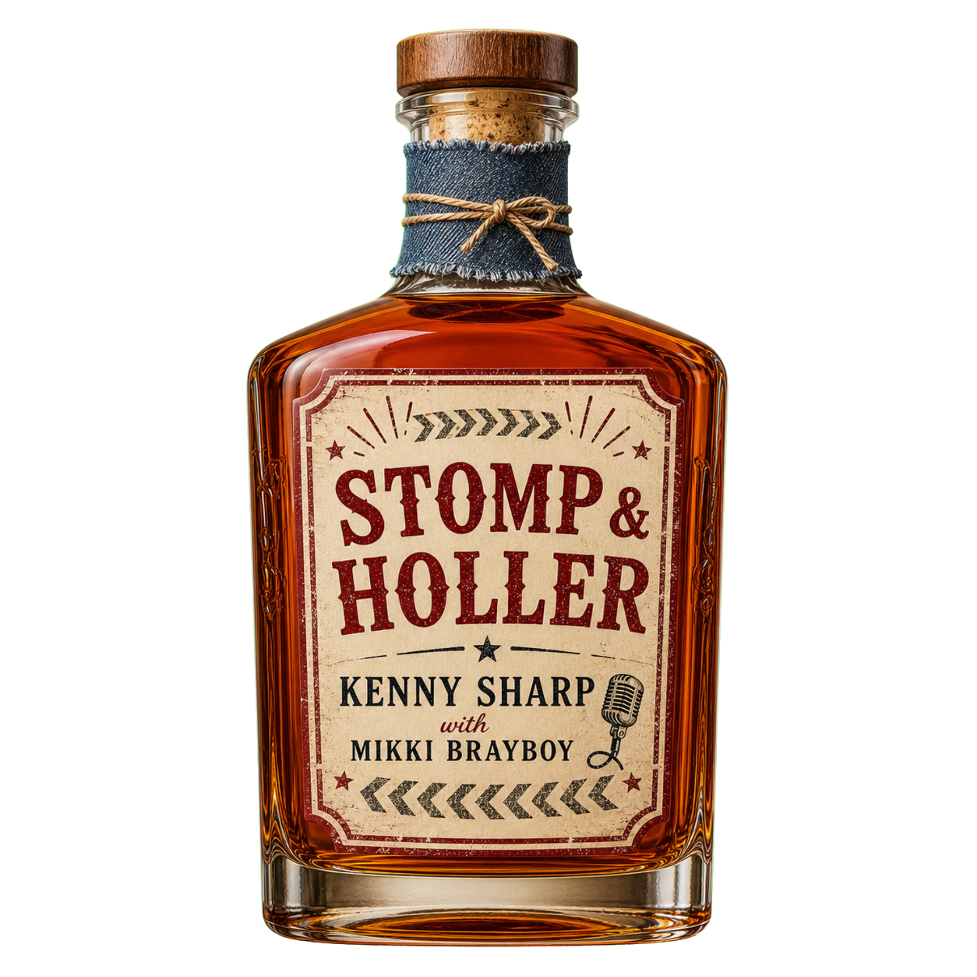 A bottle of bourbon whiskey with a vintage-style label that reads 'Stomp & Holler, Kenny Sharp, with Mikki Brayboy.' The bottle has an amber-colored liquid inside, a wooden cap, and a denim wrap around the neck tied with a twine.