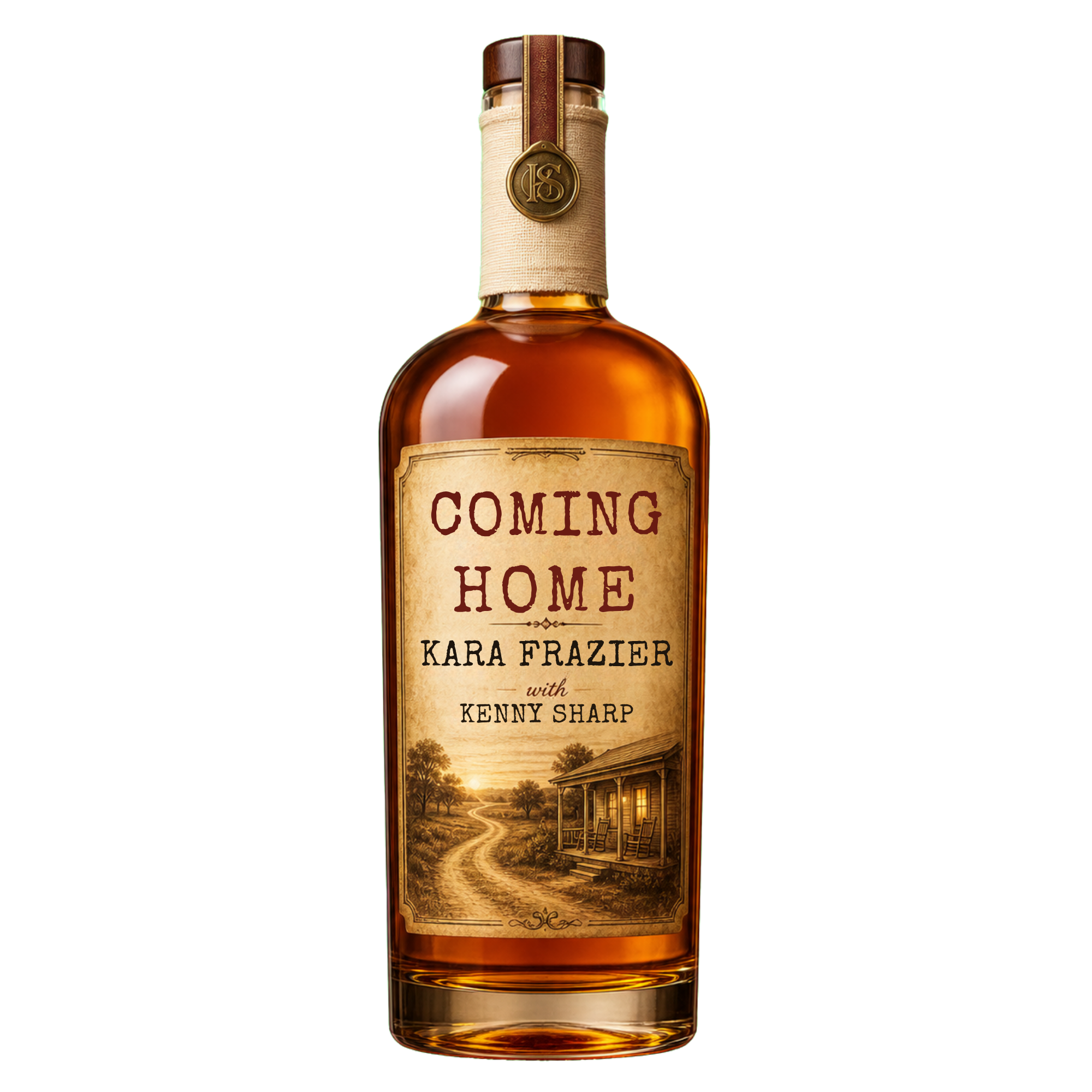 A bottle of bourbon whiskey with a label reading "Coming Home" by Kara Frazier and Kenny Sharp. The label features a rural landscape with a house and trees.