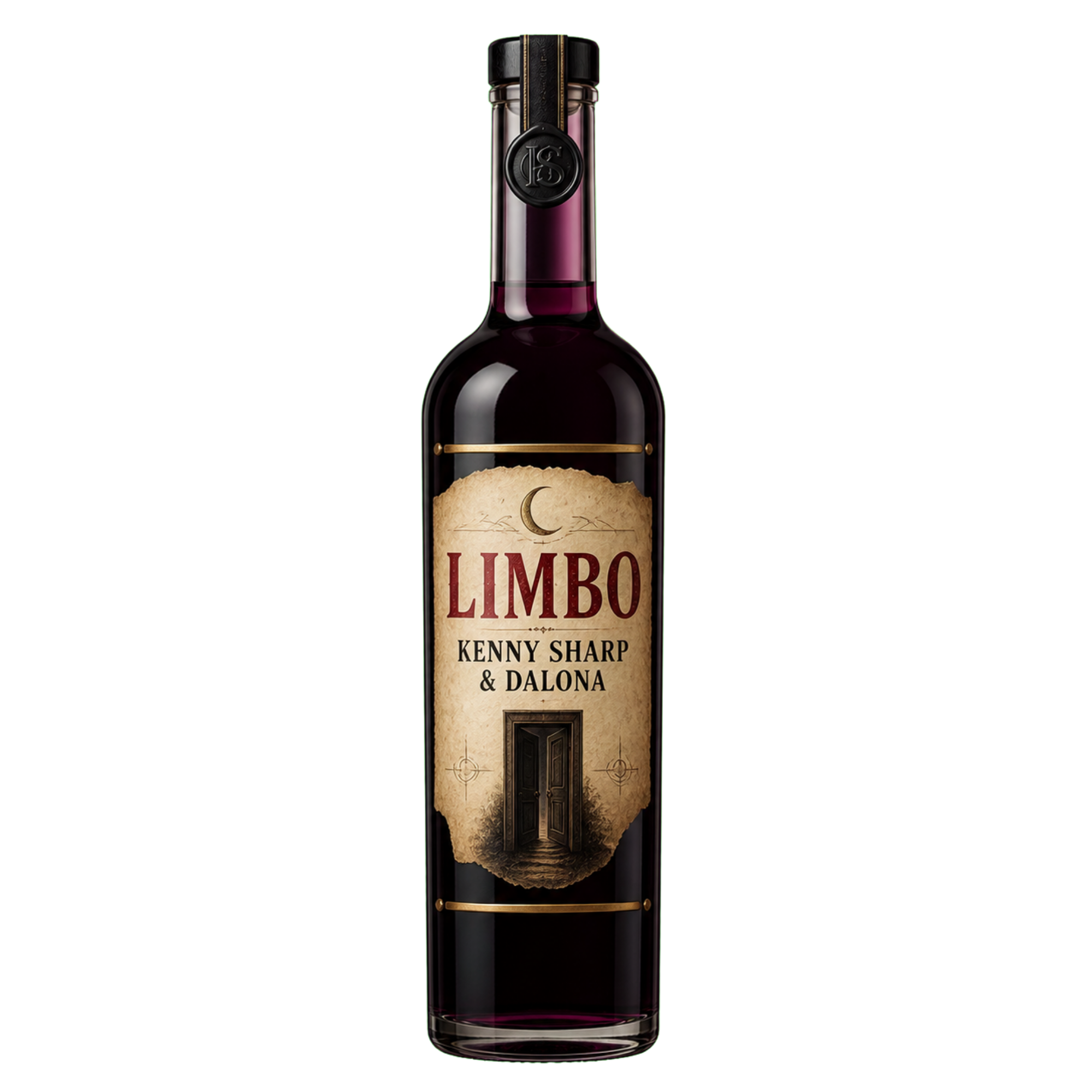 A dark bottle of wine with a beige label that reads "Kenny Sharp & Dalona" and "LIMBO" with a black cap, set against a background with digital glitch effects.
