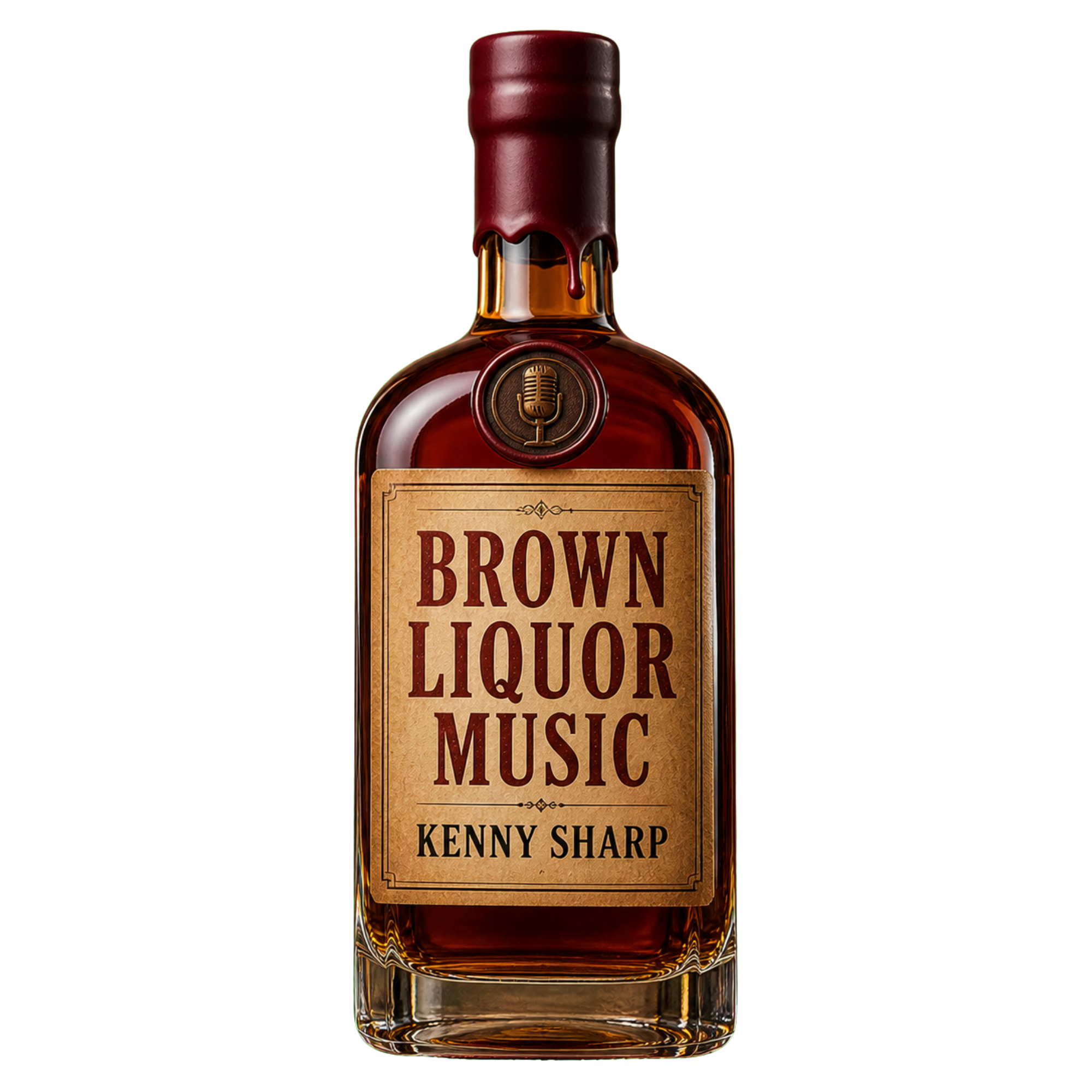 A bottle of whiskey with a vintage label reading 'Brown Liquor' and the author Kenney Sharp, with a drop of liquid dripping from the top.