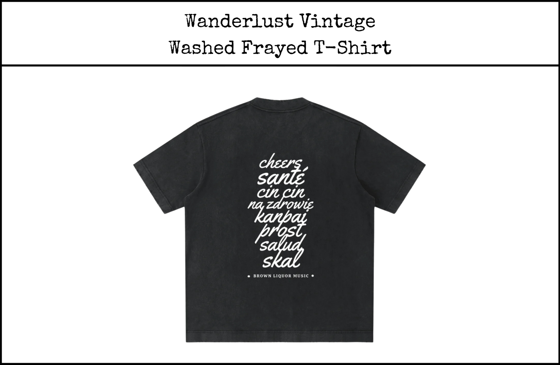 Black T-shirt with white cursive text on the back listing Polish words related to health and well-being, with a small caption at the bottom reading 'BROWN LIQUOR MUSIC'.