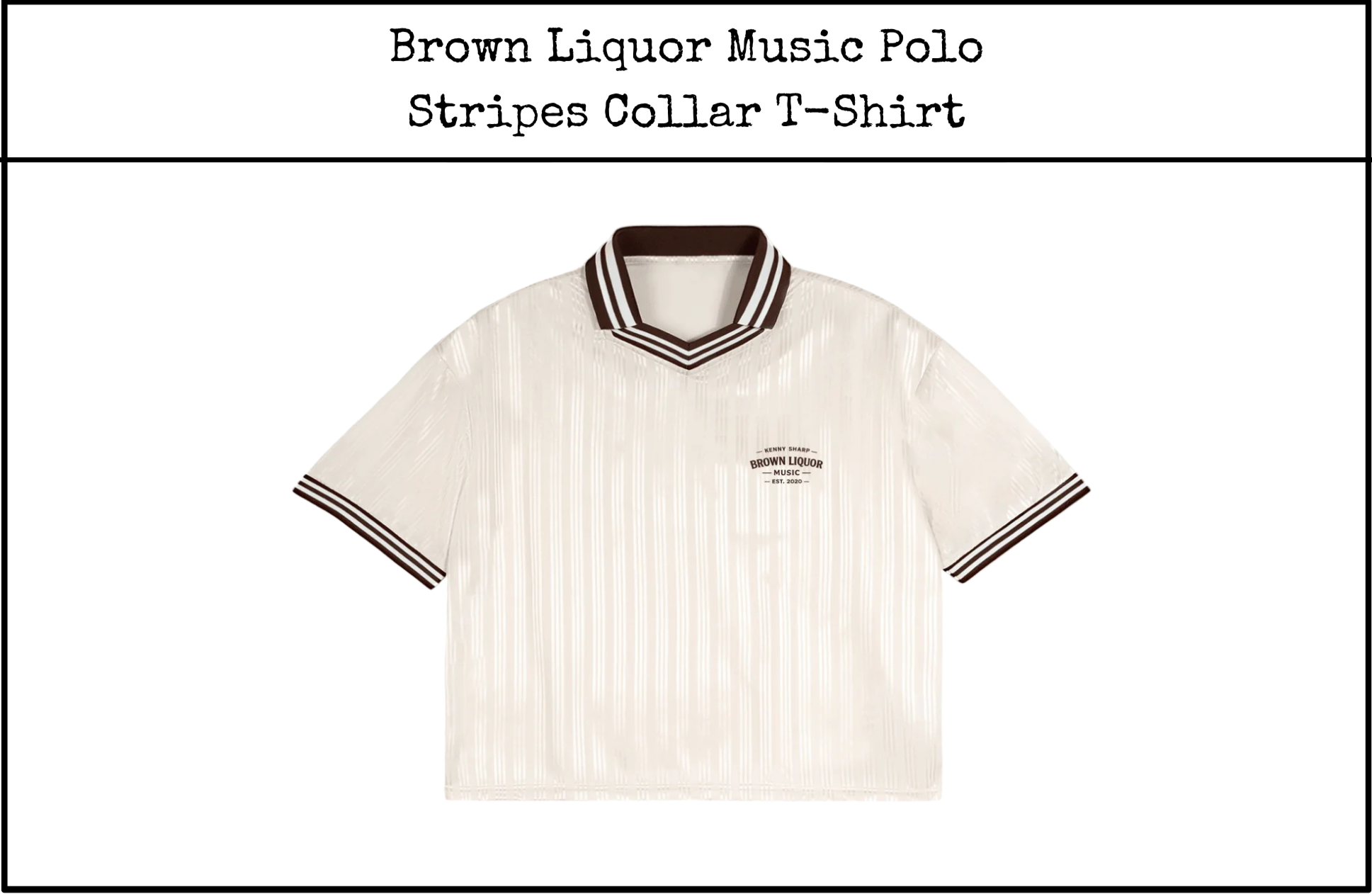 A white short-sleeved sports jersey with brown and white striped accents on the collar and sleeve cuffs. The jersey has a printed logo on the left chest that reads 'Kenny Sharp Brown Liquor Music Est. 2020'.