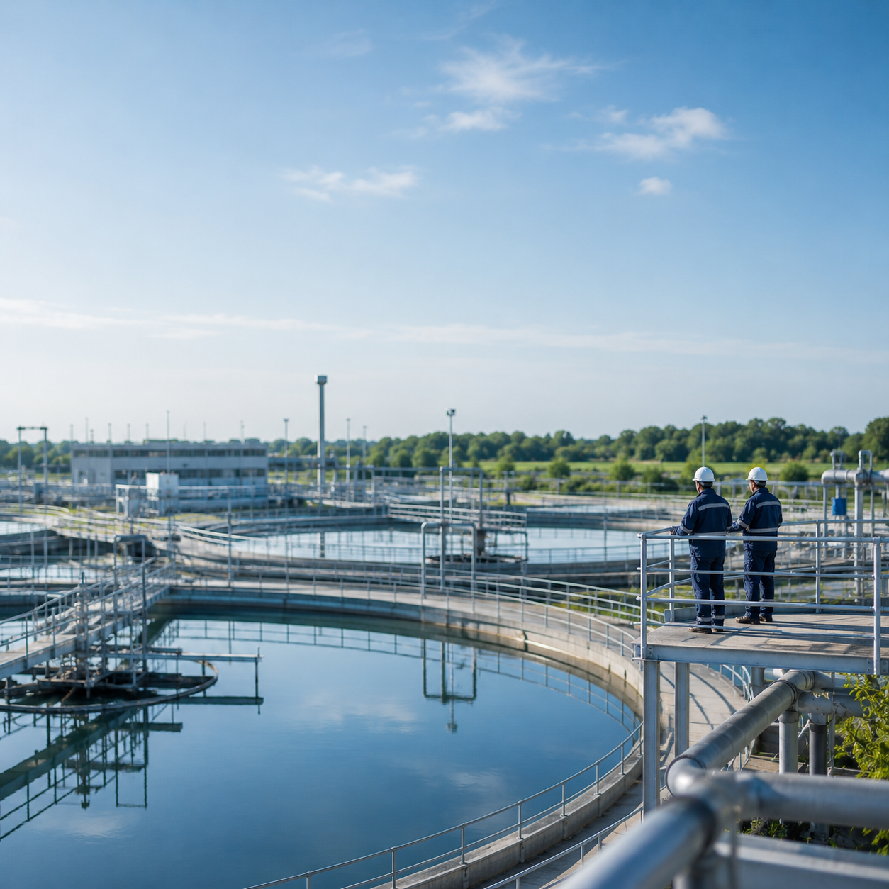 Two workers in helmets and uniforms standing on a platform overlooking a large water treatment plant with tanks and pipes under a blue sky.