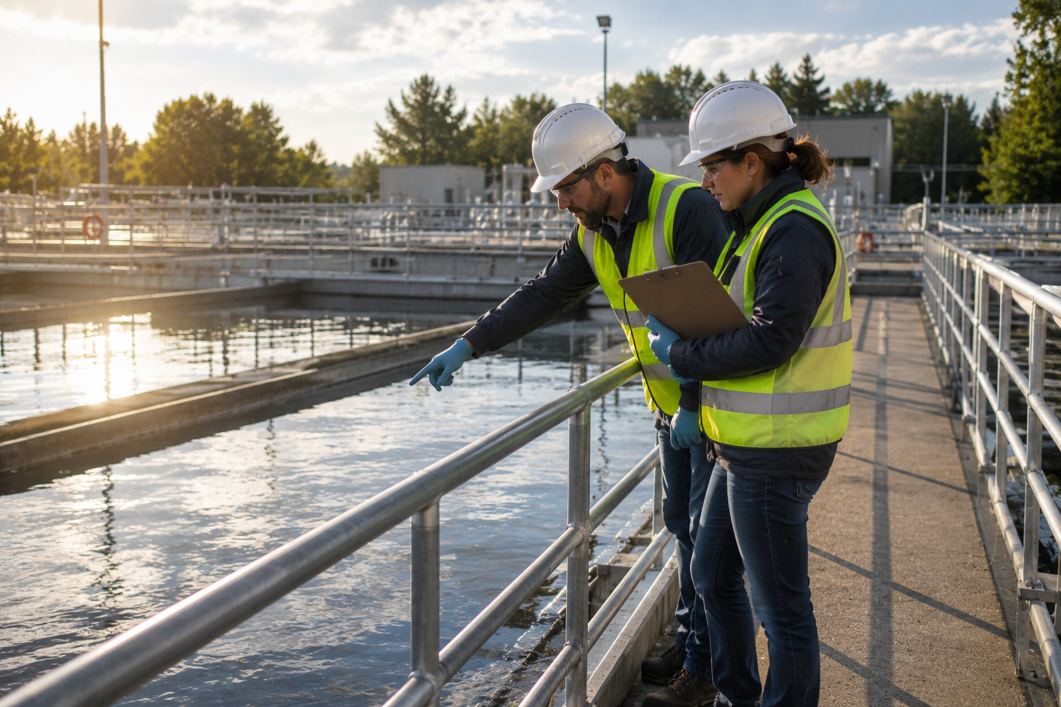 Two workers in safety gear inspecting water in an industrial water treatment facility during daylight.