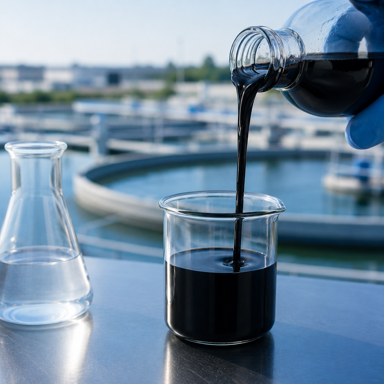 A scientist's gloved hand pours black liquid into a glass beaker for PFAS and micropollutant removal. There is a clear glass Erlenmeyer flask nearby, both on a metallic surface outdoors with blurred marina and boats in the background.
