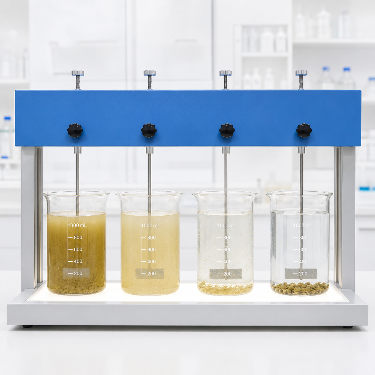 Four beakers with soluble pasta samples on a magnetic stirrer in a laboratory setting.