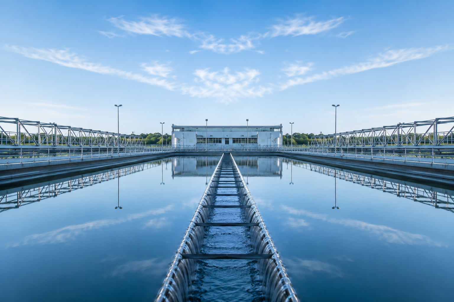 Water treatment facility with large rectangular tanks, metal railings, and a white building in the background under a blue sky with some clouds.