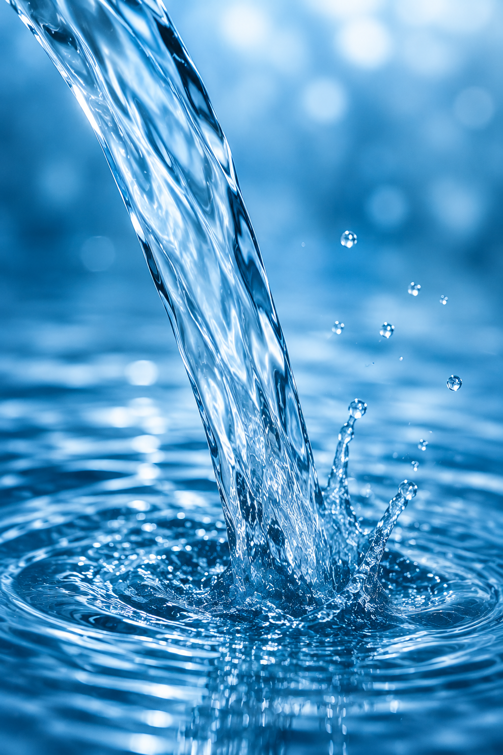 Close-up of water being poured into a body of water, creating ripples and splash effects.