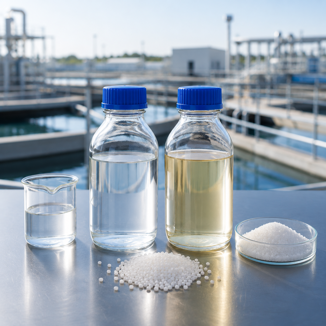 Laboratory setup with bottles containing water and liquids, a small beaker, plastic beads, and salt on a metallic surface outdoors near a water treatment facility.