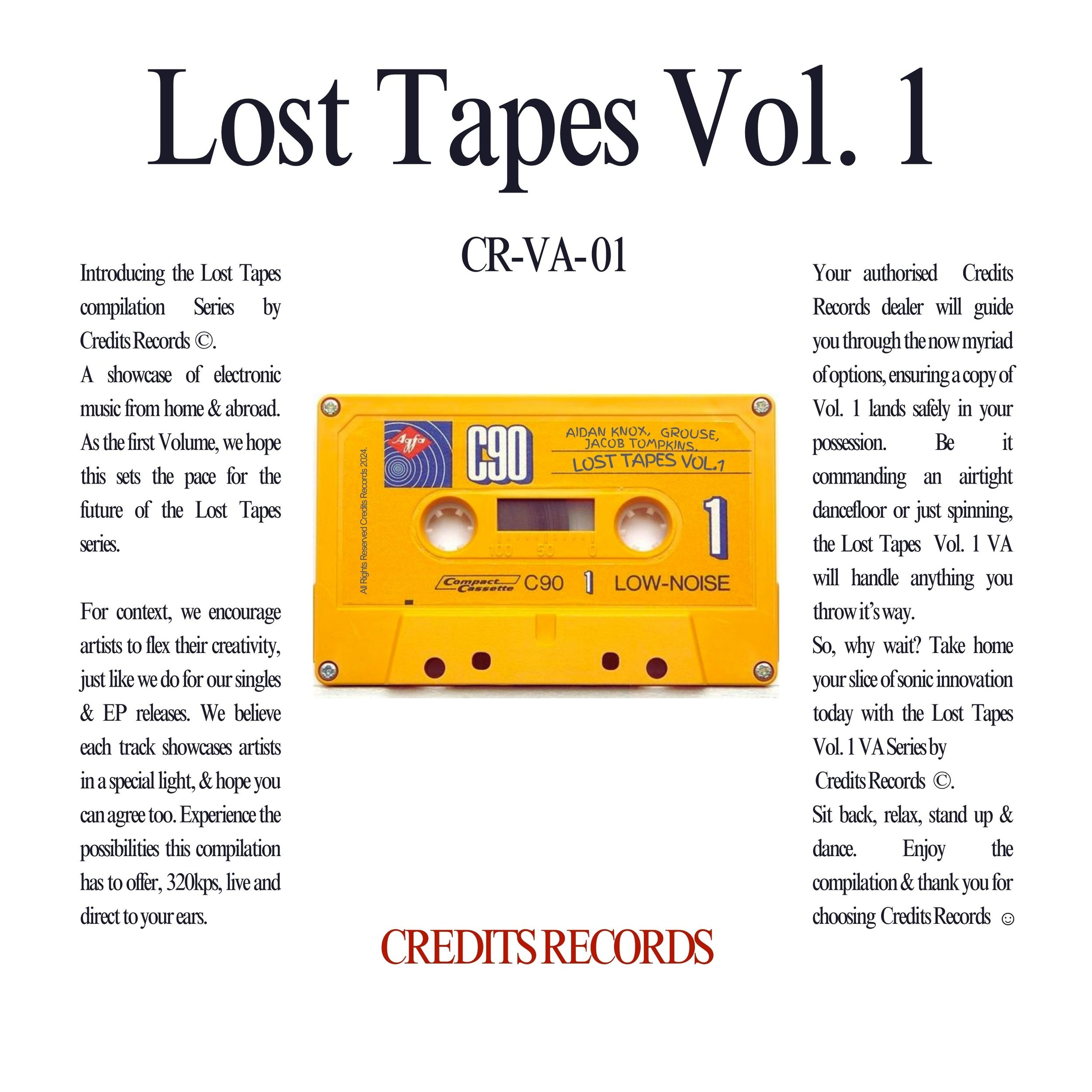 A page from a publication titled "Lost Tapes Vol. 1" featuring a yellow cassette tape at the center with handwritten artist names, and surrounded by text describing the release and credits, with the logo of Credits Records at the bottom.