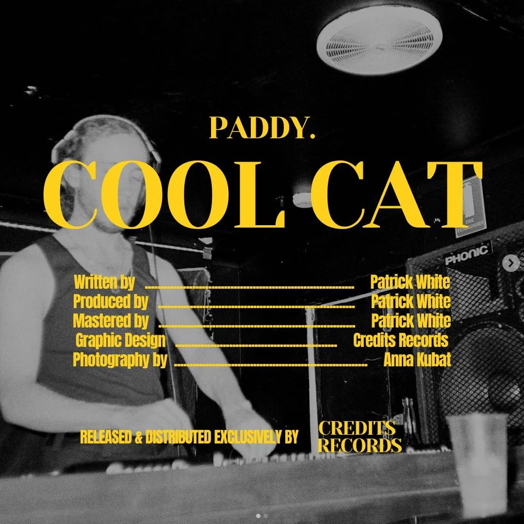 Black and white album cover for Paddy Cool Cat, featuring a person in a vest and headphones, with yellow text listing credits for the song.